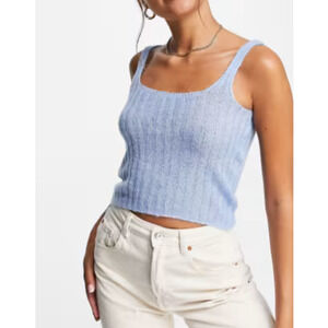 Mango MNG Wool Blend Top Crop Size MEDIUM Baby Blue Cami Ribbed Knit Parton NEW